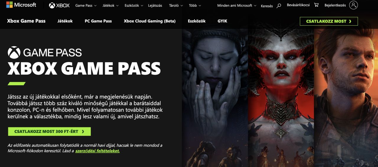 Xbox Game Pass főoldal